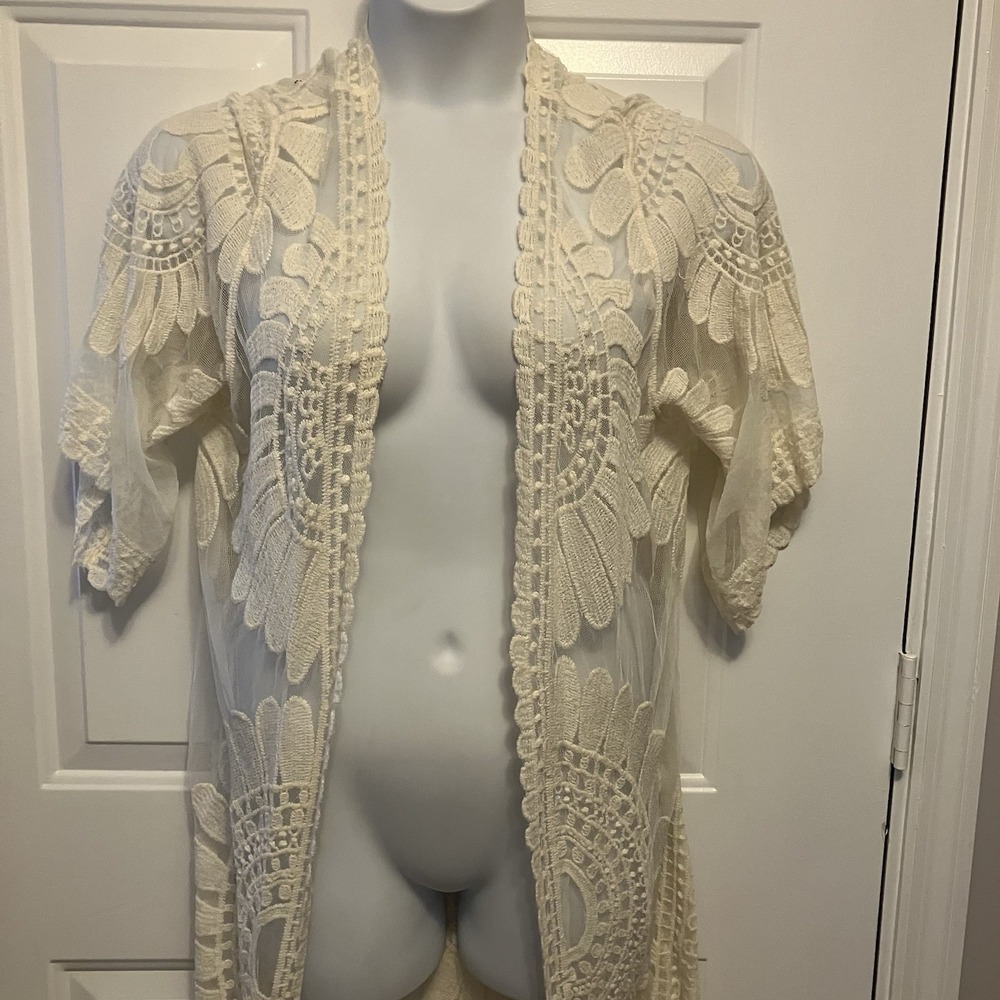 Rebellion Again Large Beige Lace Sheer Kimono Duster Cardigan Boho Embroidered‎